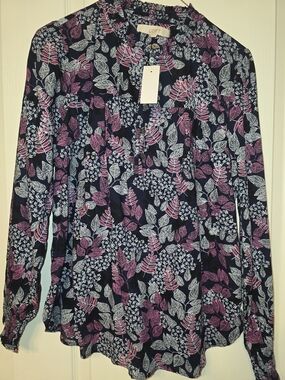 LOFT Navy Floral Print Long-Sleeve Blouse - Navy with Pink & White Leaves